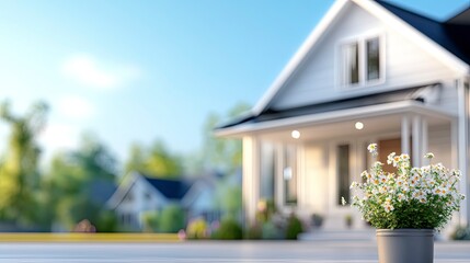 Fototapeta premium Charming suburban home with daisies in foreground, sunny day.