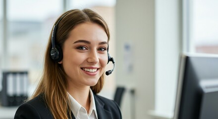 Smiling Customer Service Agent with Headset: Professional and Friendly Office Portrait