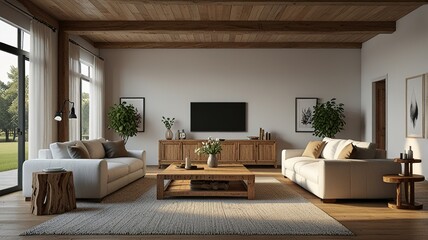 Fototapeta premium Interior living room, white room with wooden furniture