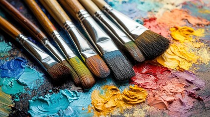 Fototapeta premium Paintbrushes on a Colorful Artist's Palette