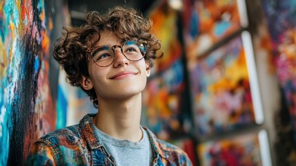 Hopeful Young Man with Curly Hair Gazing Upwards in Front of Colorful Urban Art