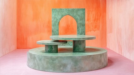 Minimalist display podiums, vibrant orange-pink backdrop, for product photography, showcasing unique style