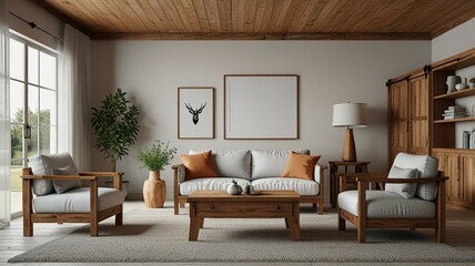 Fototapeta premium Interior living room, white room with wooden furniture