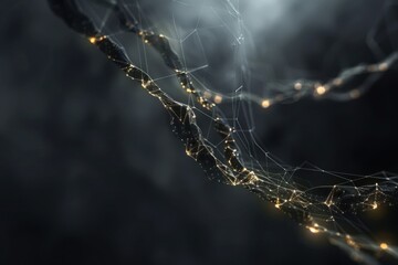 Glowing backup data streams form a web, suspended in a dark, moody scene.