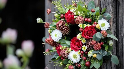 Floral wreath on rustic wood