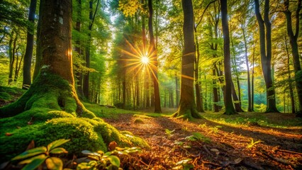 Obraz premium Lush Green Forest, Deep Depth of Field, Trees, Sunlight, Nature Stock Photo