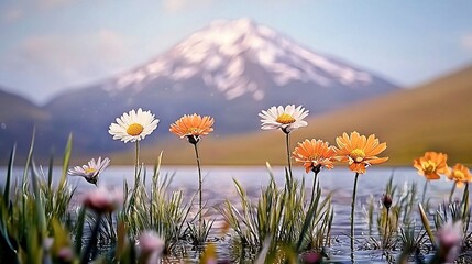 Flowers by a lake, mountain backdrop