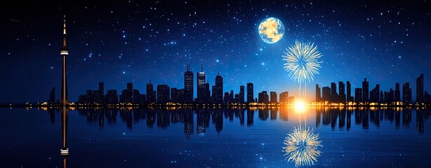 Naklejka premium Captivating Night Skyline with Reflections, Full Moon, and Colorful Fireworks Above Water Body