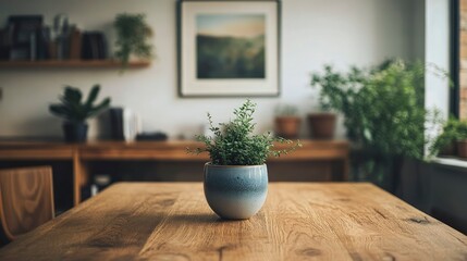 Fototapeta premium Serene Home Office with Potted Plant on Wooden Table