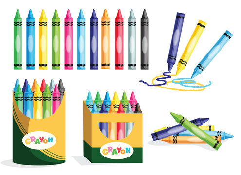 Crayons colorful clipart set. Wax crayons art school elements clip art color supplies for drawing, marker, artistic material and paint tool collection vector illustration. 

