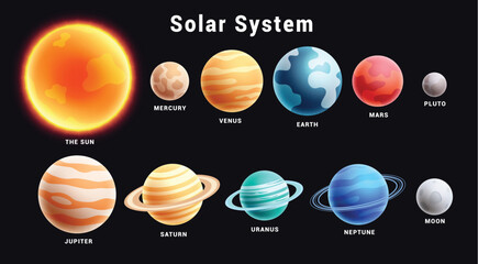 Solar system planets clipart set. Colorful planets in outer space solar system clip art collection for science astronomy chart in black background vector illustration.   © AmazeinDesign
