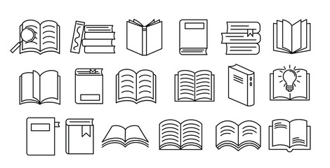 Books outline clipart set. School library elements clip art collection like textbook, dictionary, notebook, novel and literature drawing books vector illustration.  
