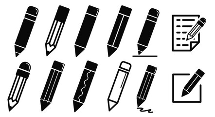 Pen icon silhouette clipart set. Pencil outline symbol clip art collection for writing, compose, modify and edit elements school items and office materials pictogram vector illustration. 
