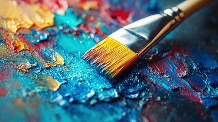Naklejka premium Artist's Paintbrush on Vibrant Impasto Oil Painting Canvas