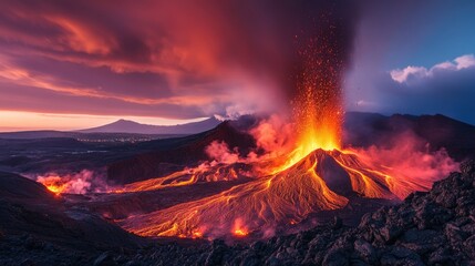 A breathtaking view of an erupting volcano at sunset, with lava spewing into the sky, surrounded by dramatic clouds and distant mountains, capturing the raw power of nature