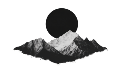 Snowy mountain peaks under large black circle on transparent background