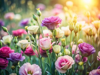 Obraz premium Lysianthus Flower Field - Delicate Blooms in Soft Light - Documentary Photography