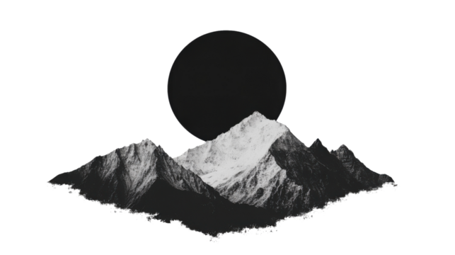 Snowy mountain peaks under large black circle on transparent background