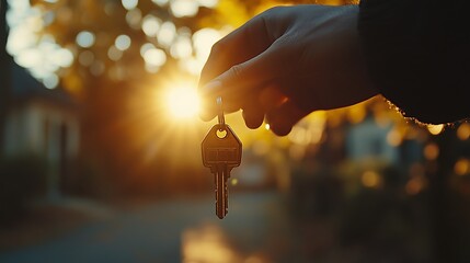A close-up of a hand holding a house key, golden-hour sunlight streaming through the keyring, a softly blurred suburban home in the background, warm and cinematic composition. --ar 16:9