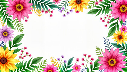 Fototapeta premium Floral Border Design with Colorful Flowers and Greenery 