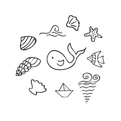 Vector illustration of the sea: shells, waves, fish, boat, starfish, whale