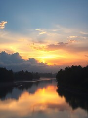 Obraz premium Serene Sunset River Reflection Warm Golden Light. AI Generated