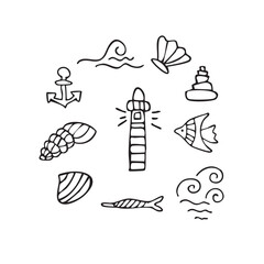 Vector illustration of the sea: shells, seaweed, waves, lighthouse, fish, anchor