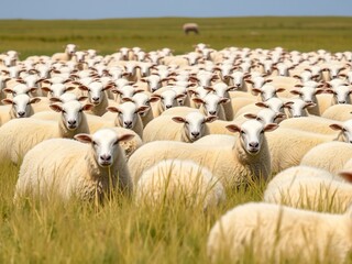 Vast Sheep Flock Grazing Golden Meadow Sunlight. AI Generated
