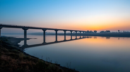 Obraz premium Elevated Bridge Over Tranquil River Reflecting Sunset Sky At Dusk With Golden Light and Blue Hues