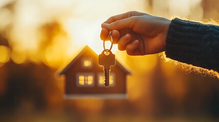 A close-up of two hands gently holding a house key together, golden sunlight streaming in, a new home visible in the softly blurred background, warm and emotional storytelling. --ar 16:9