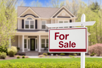  "For Sale" sign standing in front of a charming house, waiting for new buyers with copy space. Soft golden light. Cozy neighborhood background. 