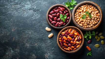 Fototapeta premium Assortment of Beans in Wooden Bowls on Dark Background