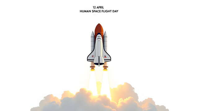 International Day of Human Space Flight 12 April. Infographic illustration of the first space shuttle launch.