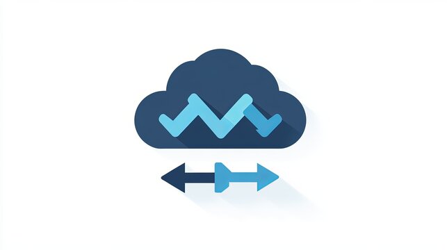 Cloud computing infrastructure technology, data system storage service concept. Upload and download icon, arrows sign on white small cloud with network grid pattern on blue background, minimal style.