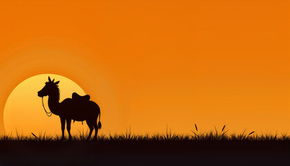 Naklejka premium Camel silhouette during sunset against a vibrant orange sky 
