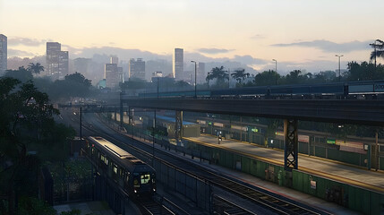 Fototapeta premium Urban Train Tracks At Sunrise In Cityscape