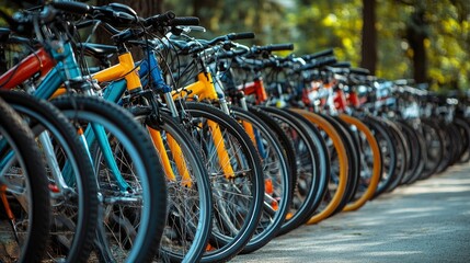 Row of Bicycles Parked Outdoors in a Green Setting