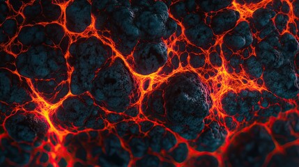 A close-up view of molten lava flowing through rocky terrain, showcasing vibrant orange and red hues against dark volcanic rock, creating a dramatic landscape scene