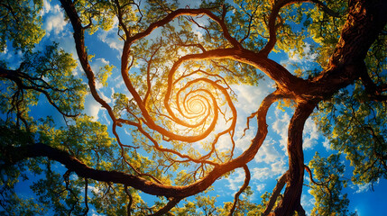 Spiral Patterned Tree Branches Against Sky