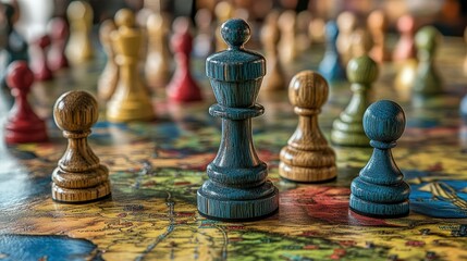 Fototapeta premium Strategic Chess Game on a Detailed Map Board