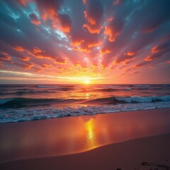 Fototapeta premium A breathtaking sunset over the ocean, with vibrant colors and gentle waves