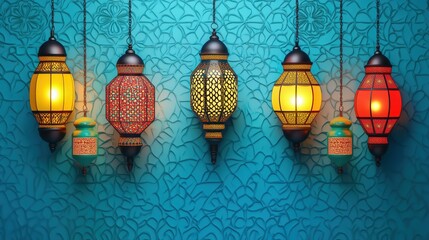 A Ramadan background with colorful hanging lanterns and an intricate Islamic pattern