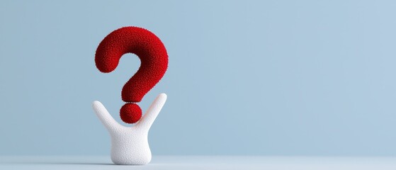 A 3D figure expressing curiosity with a red question mark on a blue background.