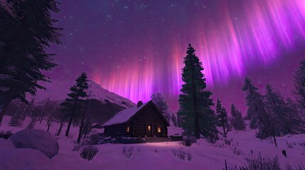 Fototapeta premium A cozy wooden cabin illuminated by warm light sits in a snowy landscape under a stunning display of northern lights, with tall trees framing the scene and mountains in the background
