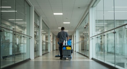 Janitor's Solitary Journey: A Serene Modern Hallway Scene