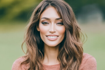 Naklejka premium Smiling woman with long hair enjoying a sunny day in a green park setting