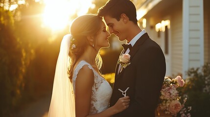 A newlywed couple holding a key together, standing in front of their dream home, moving boxes visible near the door, sunlight casting a beautiful glow on their excitement. --ar 16:9