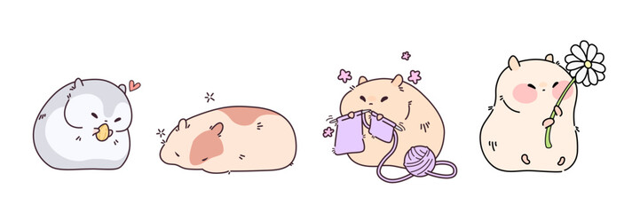 Kawaii hamster characters set - cute creatures sleeping, eating cereal grain, smiling while holding daisy flower, knitting with yarn. Adorable chubby rodents. Funny cartoon animals with blush cheeks.