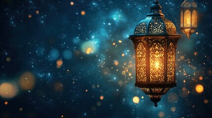 A mystical Ramadan background with twinkling stars and glowing Arabic designs