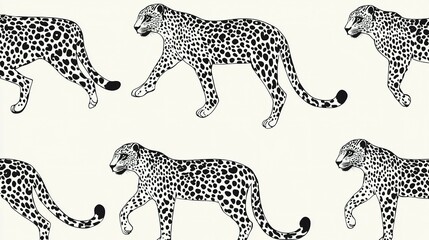 A repeating pattern of stylized walking leopards in black and white